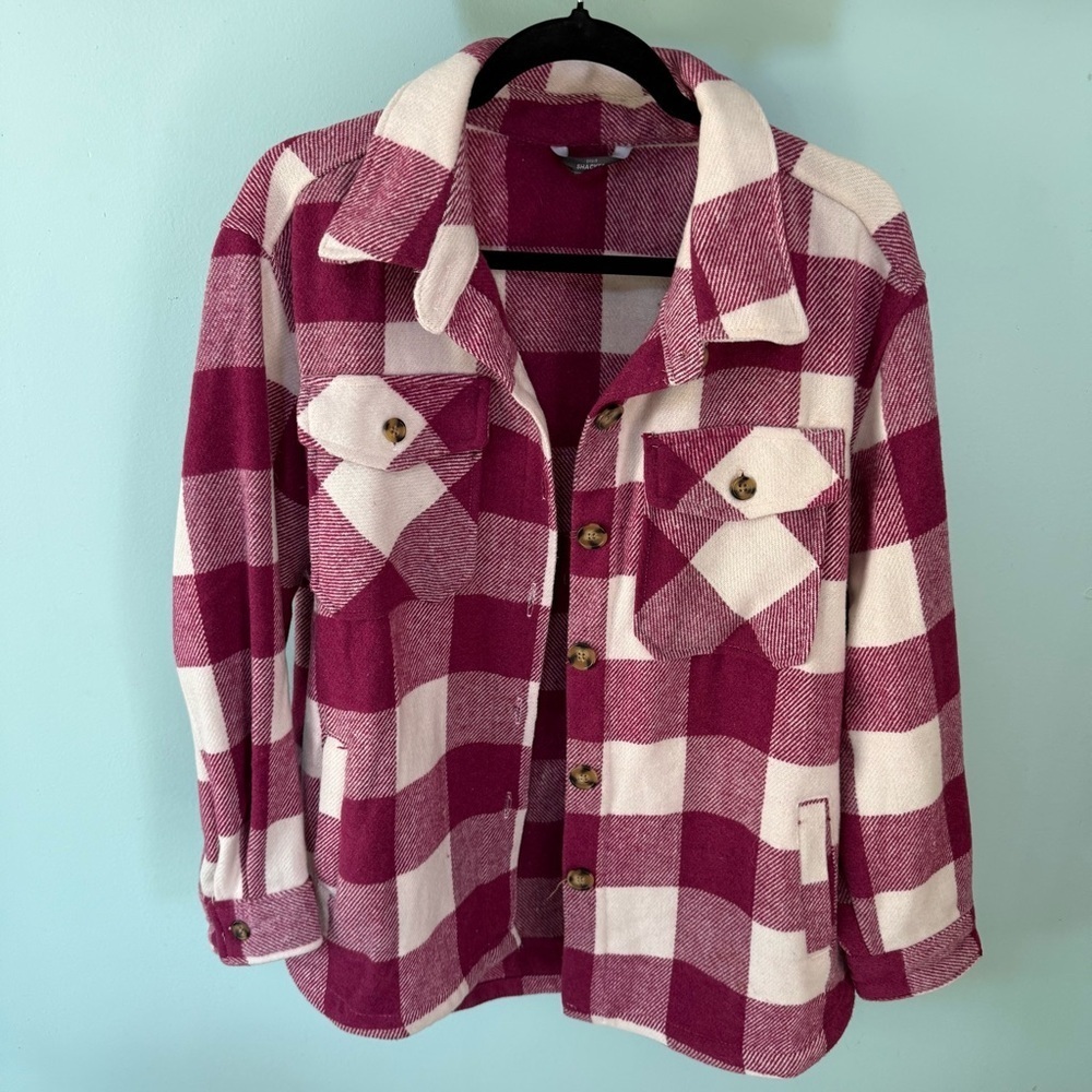 Member’s Mark Pink Purple & White Plaid Button Up Weighted Shacket Size Large